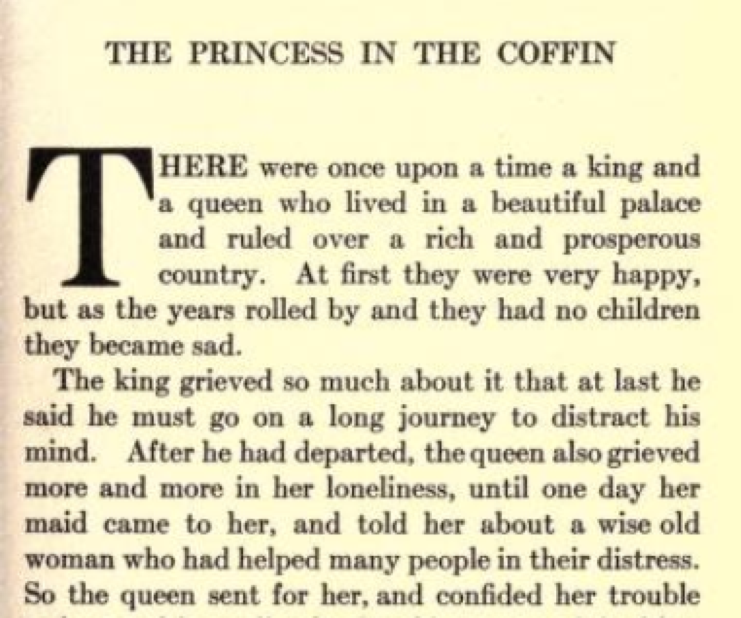 Screenshot of the first page of the tale, text only, "The princess in the Coffin".