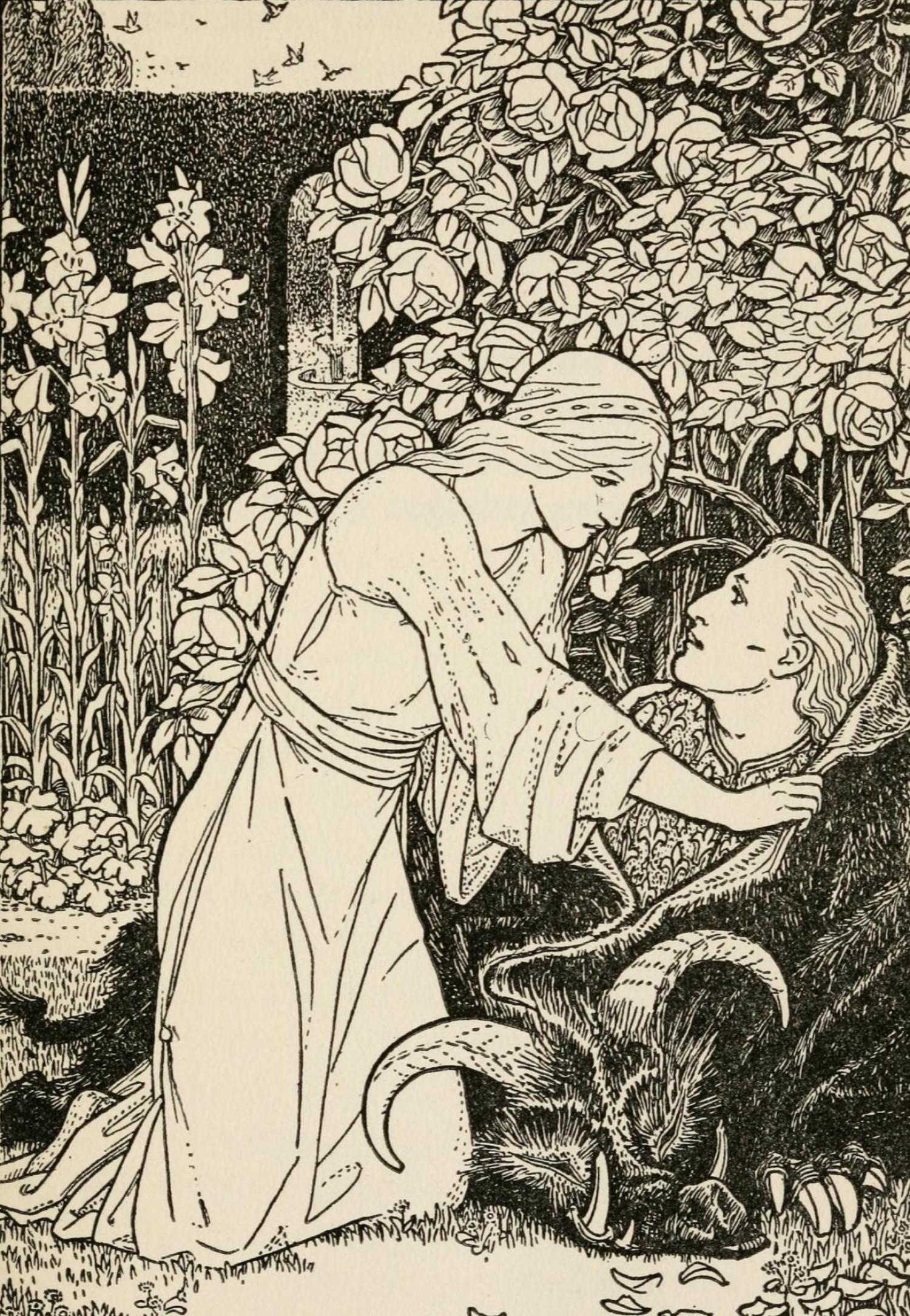 Ink illustration of a princess kneeling over a prince who is lying on the ground next to a bush.