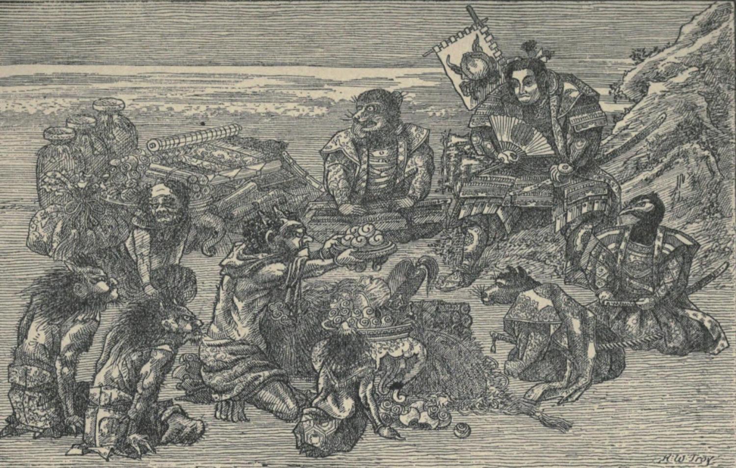 A scan of an elaborate illustration depicting the Oni submitting to the Peach Prince and his animal companions.