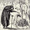 Black and white illustration of an old woman in a cloak standing over a baby in a crib