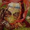 Titled "The dragon and the mirror". Vibrant Illustration of a dragon looking into a mirror. Behind the mirror is a woman in gown and a tree. In the background is a castle and knight on a horse. 