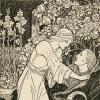 Ink illustration of a princess kneeling over a prince who is lying on the ground next to a bush. 
