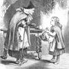 illustration from the tale, depicts an older woman speaking to a younger female child