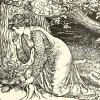 Ink Illustration of a queen kneeling in the forest eating a bud at the base of a tree. 