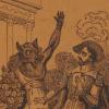 An inked illustration of a man like beast stepping out of a hedge, and a man startled by the appearance of the beast