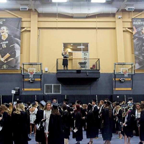 Retired undergraduate advisor Laurel Amsel comes out yet again to wrangle the undergraduates before, during, and after the ceremony. Don't cry for me, CU Boulder!