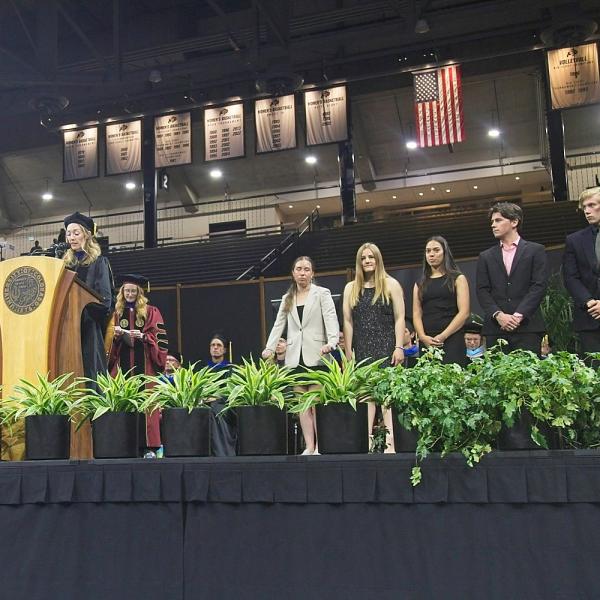 Director of Undergraduate Studies Rosi Kaiser announces the winners of the departmental awards and scholarships
