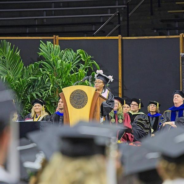 Neuroscience major Doreen Titilayo Idonije addresses her classmates