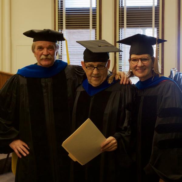 Professors Dan Barth, Chair Jerry Rudy, and emcee Tina Pittman Wagers before the ceremony