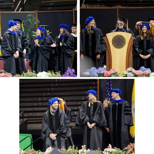 PhD hoodings part III, clockwise from top left: Kellen Mrkva, hooded by mentor Leaf Van Boven; Briana Robustelli, hooded by mentor Mark Whisman; Adam Young, hooded by mentor Alice Healy