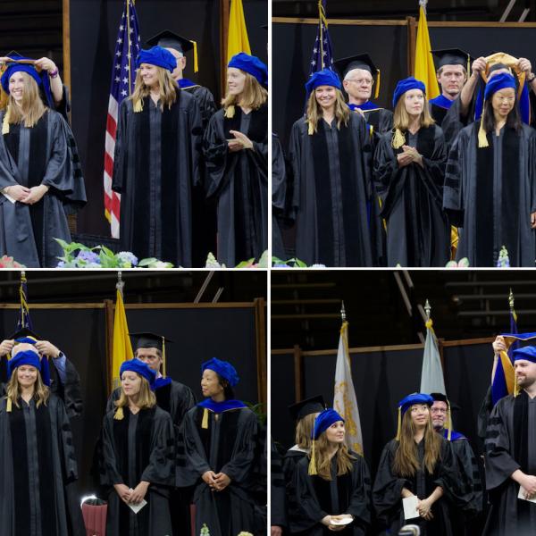 PhD hoodings, clockwise from top left: Chelsie Benca, hooded by mentor Naomi Friedman; Lauren Chun, hooded by mentor Bob Spencer; Chris Hawkey (mentor David Miklowitz), hooded by Emily Richardson; Brooke Huibregtse, hooded by mentor Mike Stallings. Apologies to Steff Guillermo, who was hidden behind the podium from my vantage point.