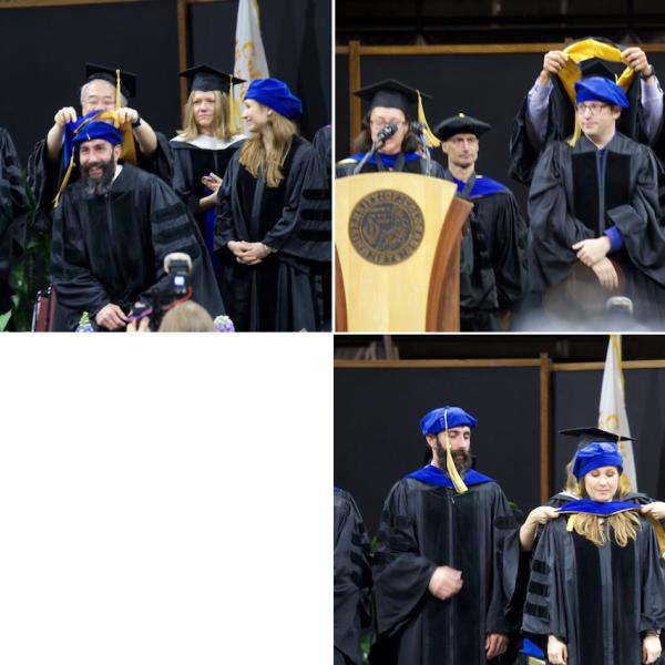 PhD hoodings, clockwise from top left: John Lurquin, hooded by mentor Akira Miyake; Leif Oines, hooded by mentor Al Kim; Courtney Stevens, hooded by mentor Angela Bryan (Kent Hutchison, co-mentor)