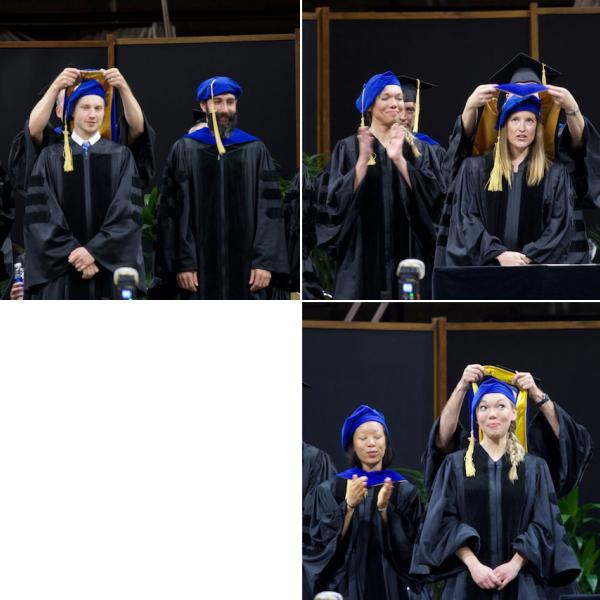 PhD hoodings, clockwise from top left: Shane Schwikert, hooded by mentor Tim Curran; Katie Wolsiefer, hooded by mentor Irene Blair; Liz Woodruff, hooded by mentor Bob Spencer