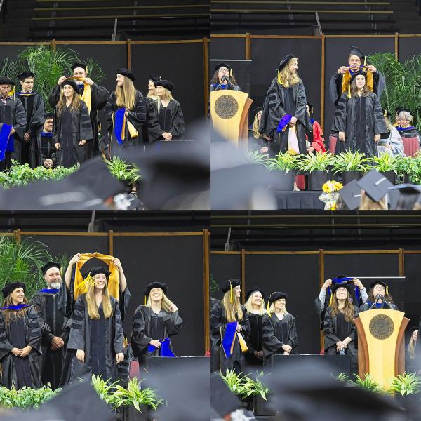 Several PhDs were awarded. Clockwise, from top left: Flo Bercum, PhD, hooded by Mike Saddoris. Chava Creque, PhD, hooded by Erik Wiillcutt. Alex Flores Lunghino, PhD, hooded by Leaf Van Boven. Laurel Gibson, PhD, hooded by Angel Bryan.