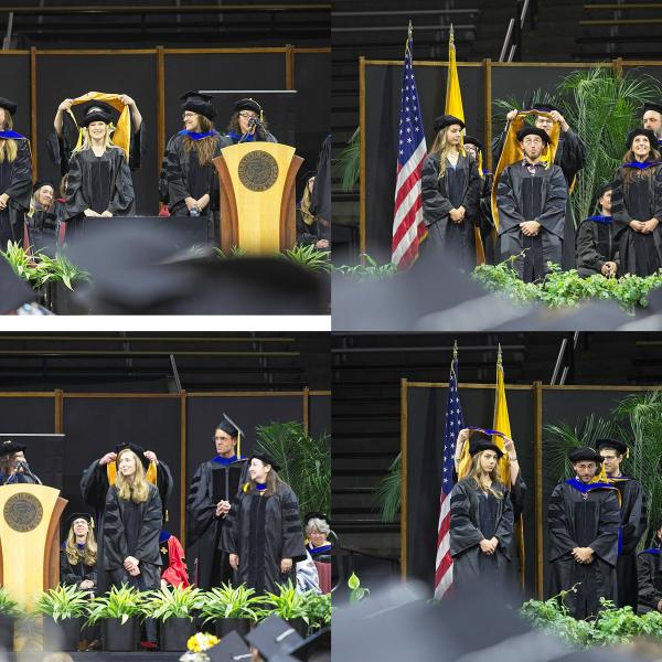 More PhDs. Clockwise from top left: Charleen Gust, PhD, hooded by Angela Bryan. Dillon McGovern, PhD, hooded by Dave Root. Clair Morrison, PhD, hooded by Naomi Friedman. Julia Salinger, PhD, hooded by Mark Whisman.