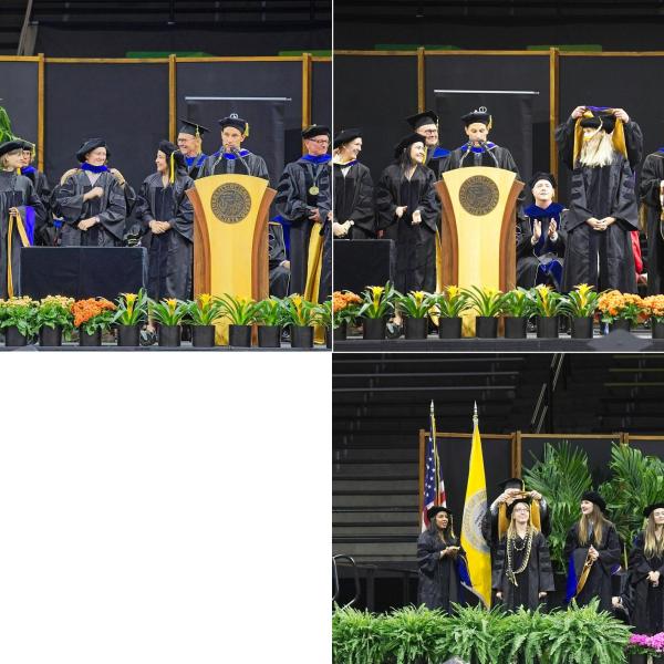 Several PhDs were awarded. Clockwise from top left: Sam Freis, PhD, hooded by Naomi Friedman. Anna Gilmour, PhD, hooded by Mark Whisman. Katie Paulich, PhD, hooded by Mike Stallings.