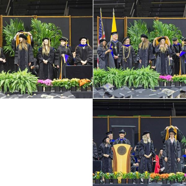 More PhDs: Tanya Horowitz, PhD, hooded by Mike Stallings. Jennifer Weber, PhD, hooded by Eliana Colunga. Jayson Ball, PhD, hooded by Joe Dragavon.