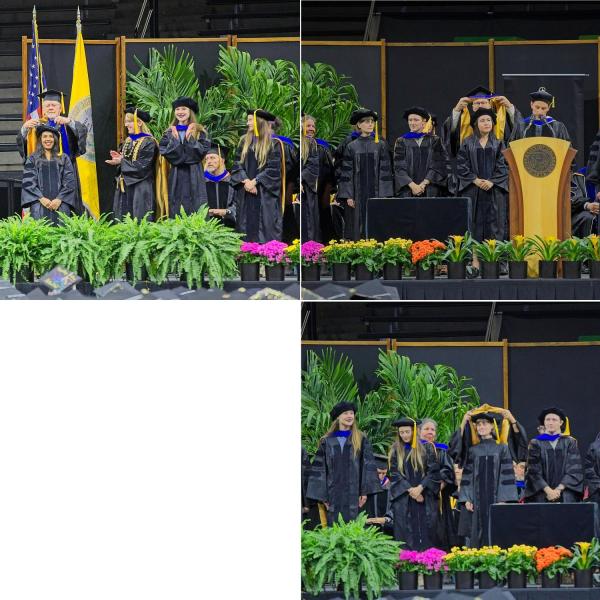 Last trio of PhDs: Deepika Dokuru, PhD, hooded by Mike Stallings. Pamela Romero Villa, PhD, hooded by Matt Keller. Louisa Smith, PhD, hooded by Marie Banich.