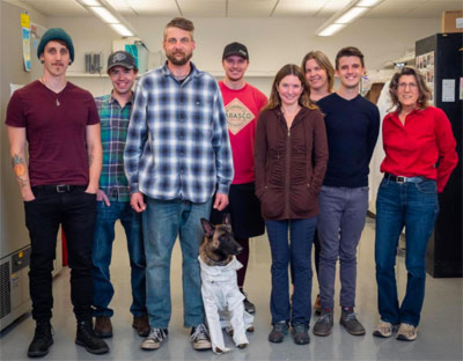 Coulson, Xenna, and the Watkins lab--photo courtesy of Patrick Campbell
