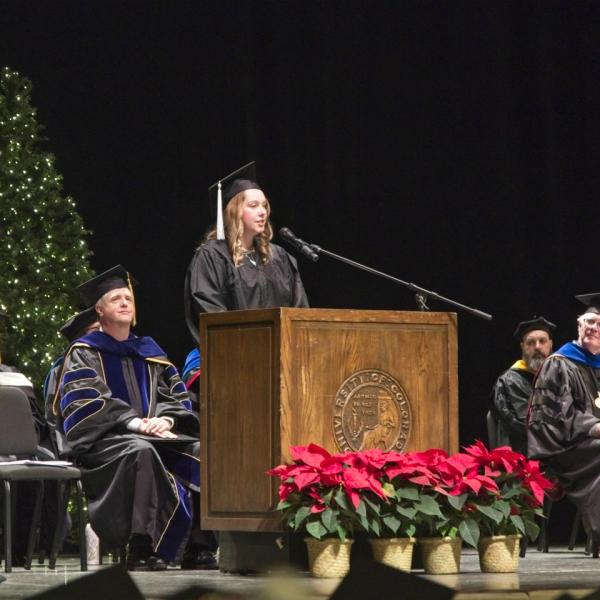 Chosen through a rigorous process, graduate Ariel Clinton addresses her fellow graduates