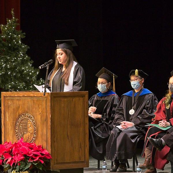 Student speaker Madeline Schoenecker addresses her fellow graduates