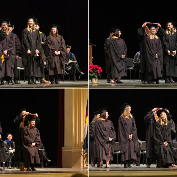 No PhDs this graduation, but four master's degrees were awarded. Clockwise from top left: Chava Creque hooded by Nomita Chhabildas; Anna Gilmour hooded by Mark Whisman; Julia Salinger hooded by Mark Whisman; Kate Stansfield hooded by Mike Saddoris