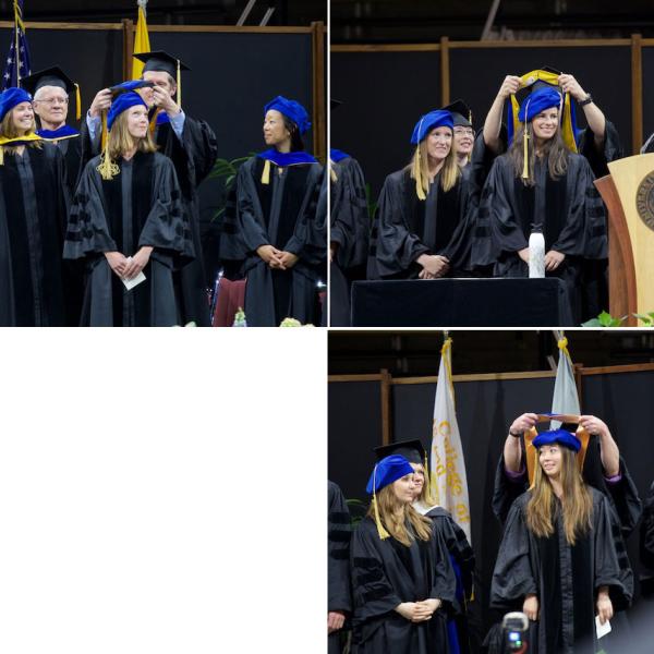 PhD hoodings, clockwise from top left: Emma Johnson (mentor Matt Keller), hooded by Scott Vrieze; Jess Keating, hooded by mentor Leaf Van Boven; Angela Li, hooded by mentor Mark Whisman