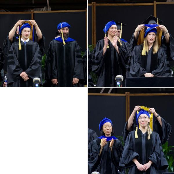 PhD hoodings, clockwise from top left: Shane Schwikert, hooded by mentor Tim Curran; Katie Wolsiefer, hooded by mentor Irene Blair; Liz Woodruff, hooded by mentor Bob Spencer
