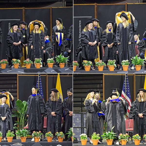 Several PhDs were awarded. 3 students came back for the ceremony. Clockwise from top left: Sarah Hagerty, PhD, hooded by Angela Bryan. Natasha Hansen, PhD, hooded by Angela Bryan. Layne Hubbard, PhD, hooded by Clayton Lewis. Graduating this semester, Miriam Clayton Erickson, PhD, hooded by Bernadette Park.