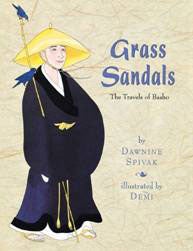 Grass sandals book cover image with man in hat and robe, holding a stick with two blue birds standing on the stick