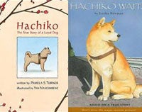 Hachiko book cover with hachiko, a white dog in a harness
