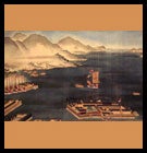 tokugawa era drawing of a port on the water with boats and mountains