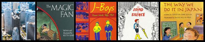 Book covers for Olympic Friendships including J-Boys, The Way We Do It in Japan, Sound of Silence, The Magic Fan
