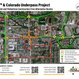 Map of alternate construction free routes for commutes that pass along the 30th and Colorado Underpass project.