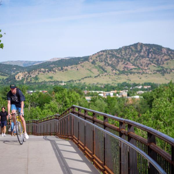 Person bikes across campus during Summer Bike to Work Day