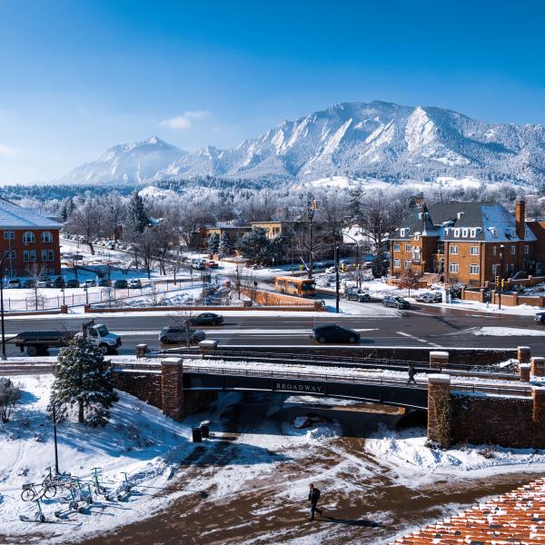 Aerial view of Broadway Street next to CU Boulder Main Campus