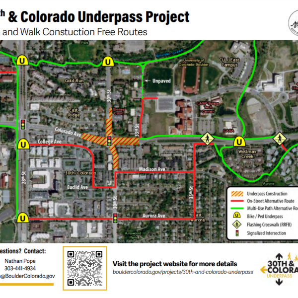 Map of construction free routes for 30th & CO underpass project.