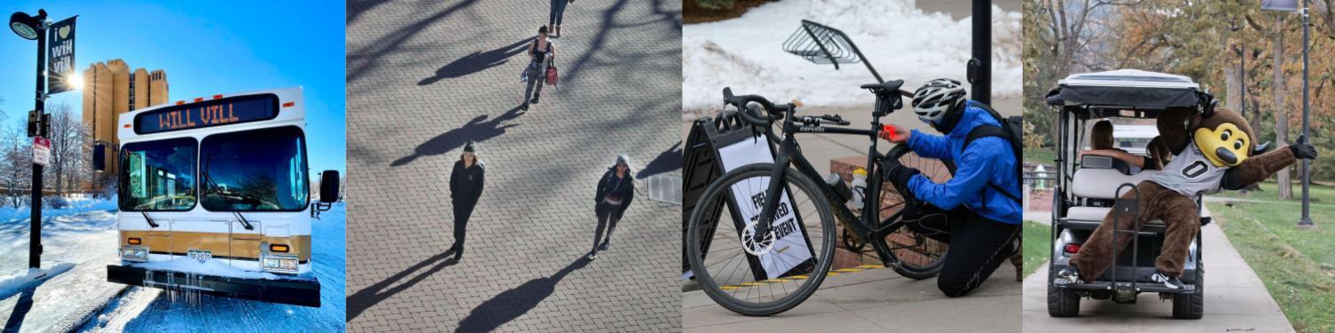 Collage of different transportation modes on CU Boulder campus