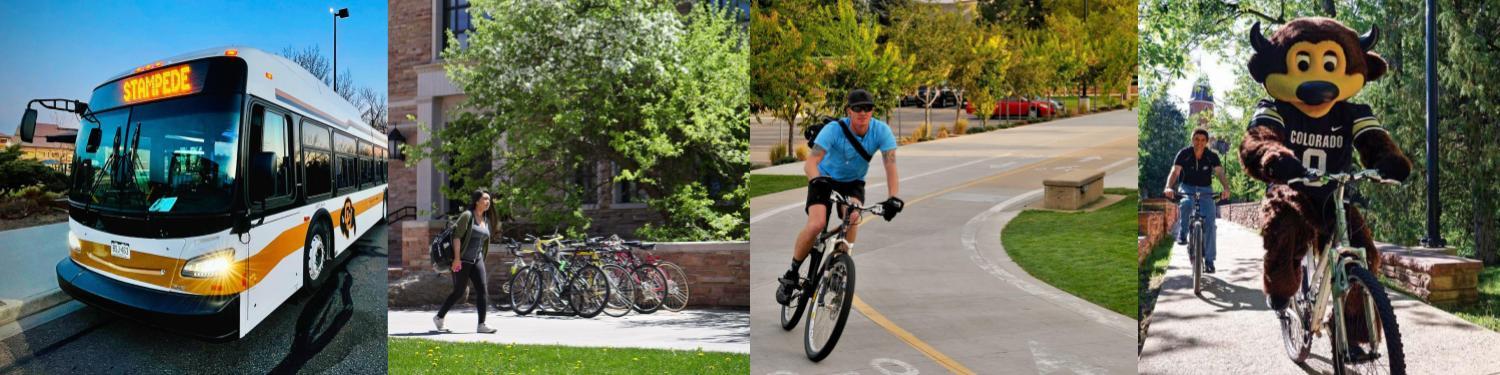 Collage of different types of CU Boulder transportation options on campus