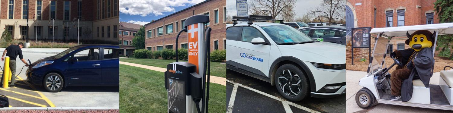 Collage of different electric cars and chargers on campus, with Chip on a golf cart on the right