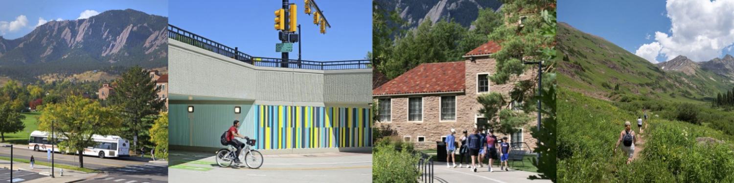 Collage of different types of transportation options on CU Boulder campus and around Boulder