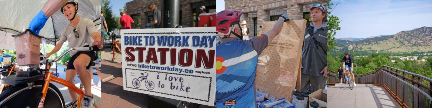 Collage of Bike to Work Day images near and at CU Boulder campus