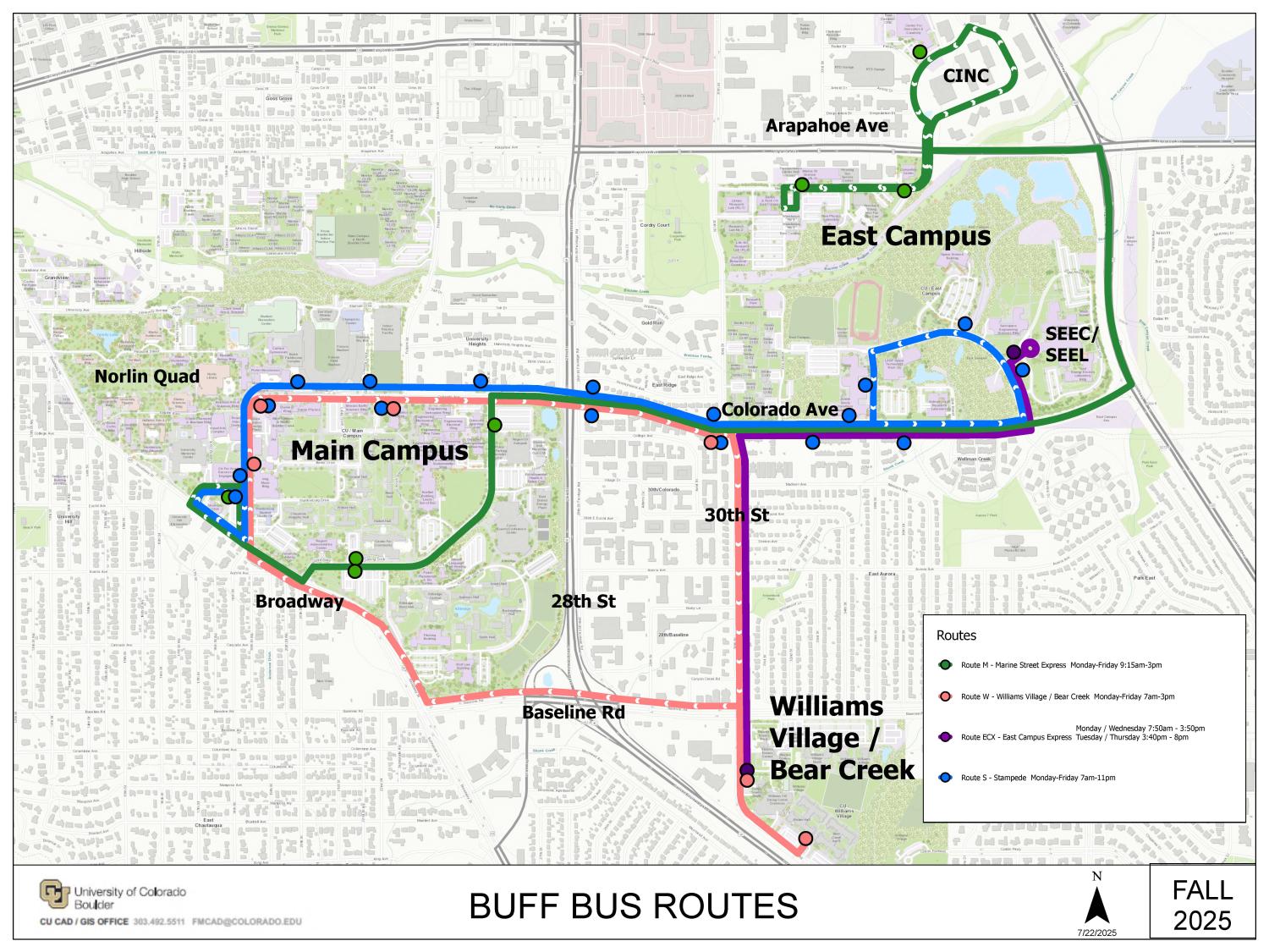 Fall 2025 Buff Bus routes