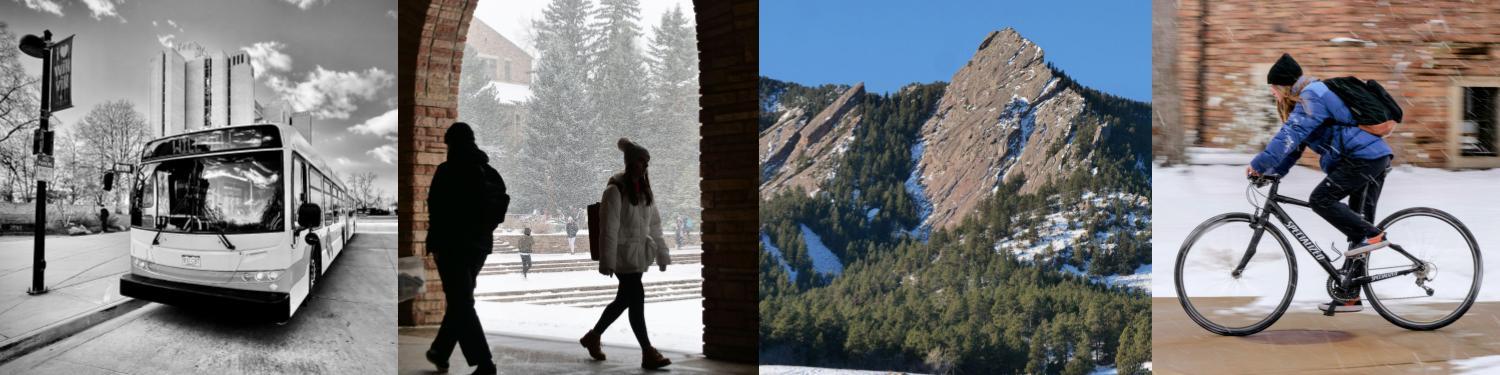 Collage of Buff Bus, students walking and biking, and the Chautauqua mountains.