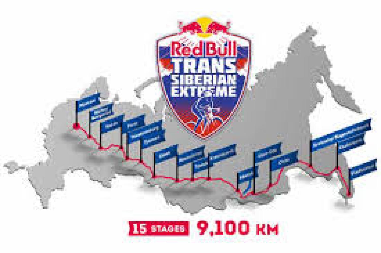 Map of Russia marked with the 15 stages of the Trans-Siberian Extreme.