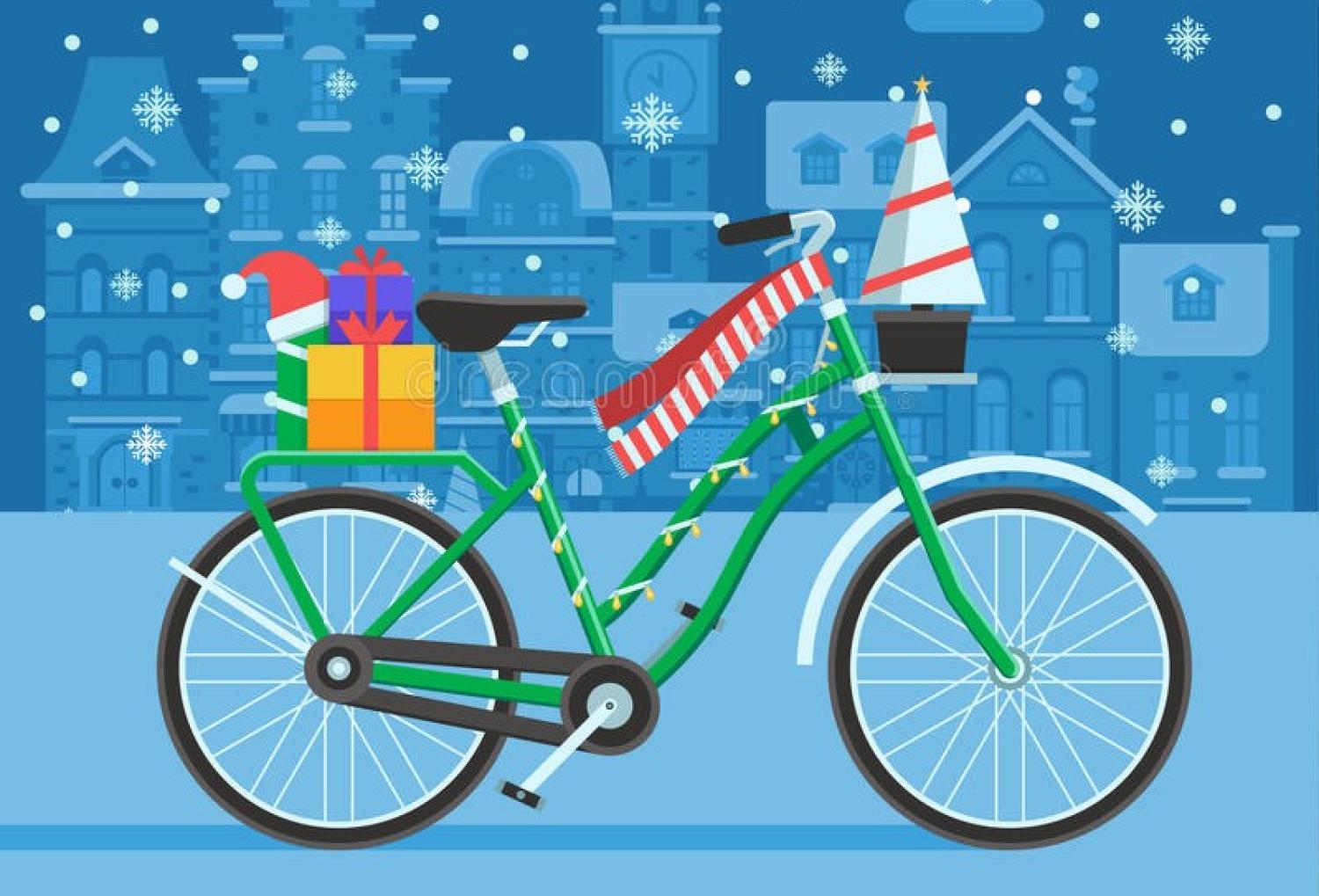 Green bike loaded with wrapped gifts and decorated with Christmas lights.