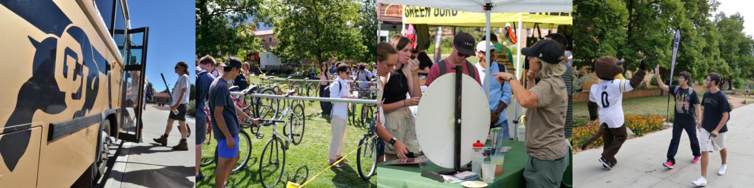 Collage of CU Boulder students at using the bus, at Bike Fest, and high fiving Chip