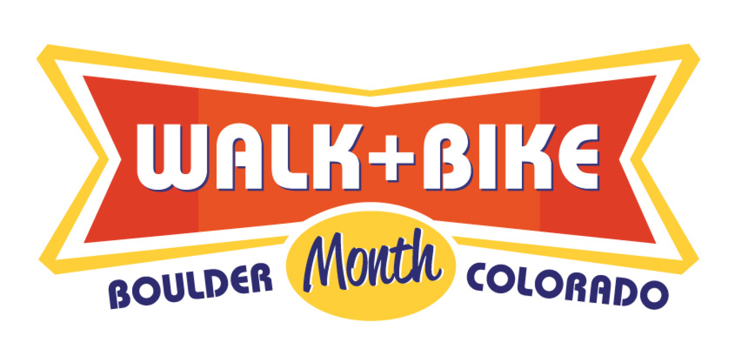 Orange banner logo with "Walk + Bike Month Boulder. Colorado" text.