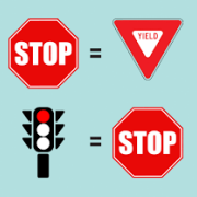Diagram showing that bicyclists can treat stop signs as a yield sign and stoplights as a stop sign.