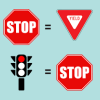 Diagram showing that bicyclists can treat stop signs as a yield sign and stoplights as a stop sign.